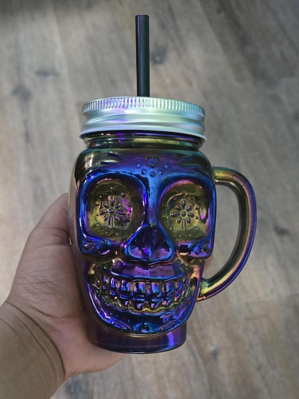 skull mason jar with straw holographic purple glass